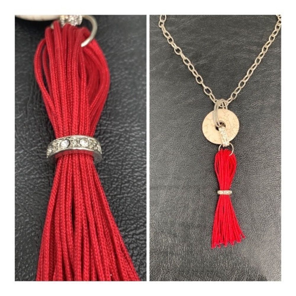 Silky Red Tassel Long Necklace – Mixed Media Boho Chic Pendant Gift